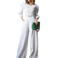 Short Long Sleeve Top High Waist Wide Leg Pants Two-Piece Set