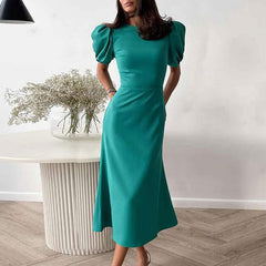 Puff Sleeve Solid Color Dress