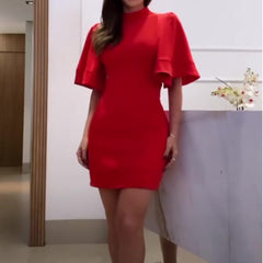 round-Neck Flared Sleeves Backless Lace up Slim Fit Sheath Dress