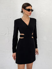 VCollar Hollow Long Sleeve DressAWord Black Dress Hepburn Style