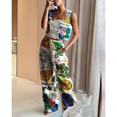 Printed Wide-Leg Pants+Vest Casual Fashion Two-Piece Set