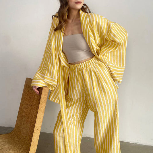 Striped Long Sleeve Loose Lace-up Top+High Waist Trousers Suit