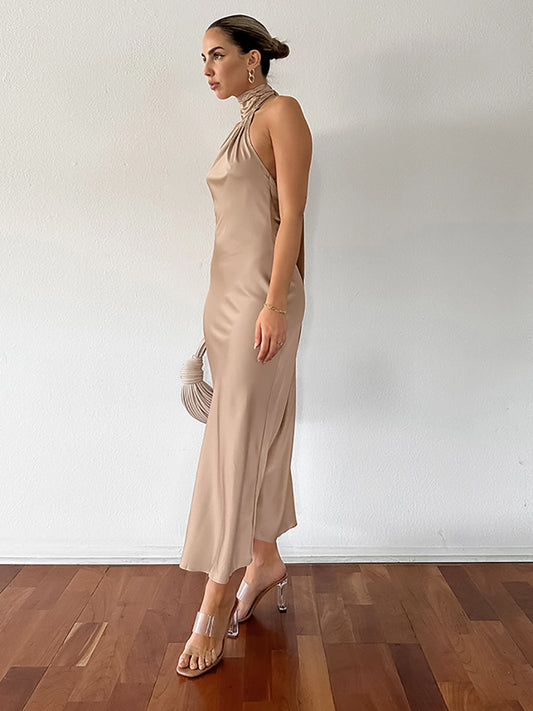 Khaki French Halter Fishtail Dress