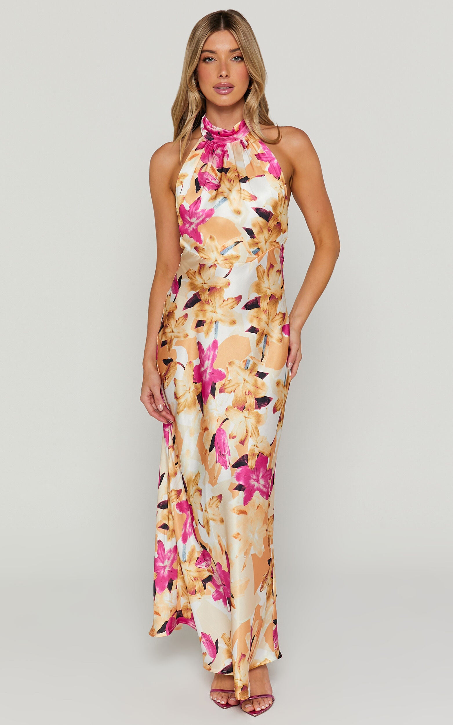 CYRA MAXI DRESS - HALTER NECK SATIN BIAS MAXI DRESS IN FLORAL