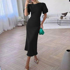 Puff Sleeve Solid Color Dress