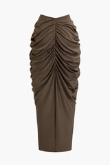 V-neck Ruched Top And V-shape Cut Waist Maxi Skirt Set