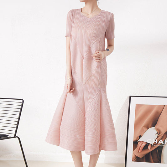 Pleated Short-Sleeved Fishtail Dress