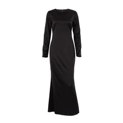 Satin Long Dress round-Neck High Waist Long Sleeve Dress