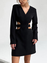 VCollar Hollow Long Sleeve DressAWord Black Dress Hepburn Style