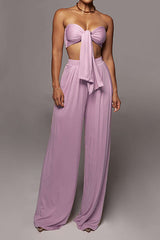 Tie Knot Front Ruched Tube Top And Pleated Wide Leg Pants