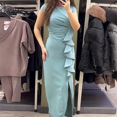 Solid Color Short Sleeve Sexy Slit Slim Fit Dress