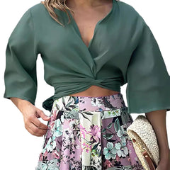 Cropped button-down top and floral wide-leg trousers set