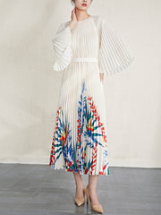 Pleated Oversized Loose-Fitting Pattern Print Organ Pleated Long Sleeve Dress