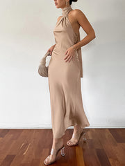 Khaki French Halter Fishtail Dress