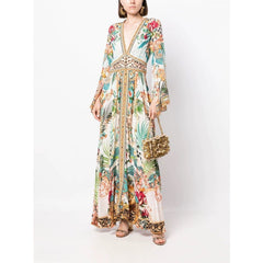 VCollar Bell Sleeve Silk Elegant Vacation Long Dress