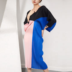 VCollar Long Dress Pleated Batwing Sleeve Dress