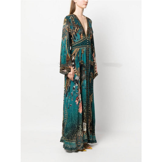 VCollar Bell Sleeve Elegant Holiday Floral Print Long Dress