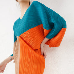 VCollar Long Dress Pleated Batwing Sleeve Dress