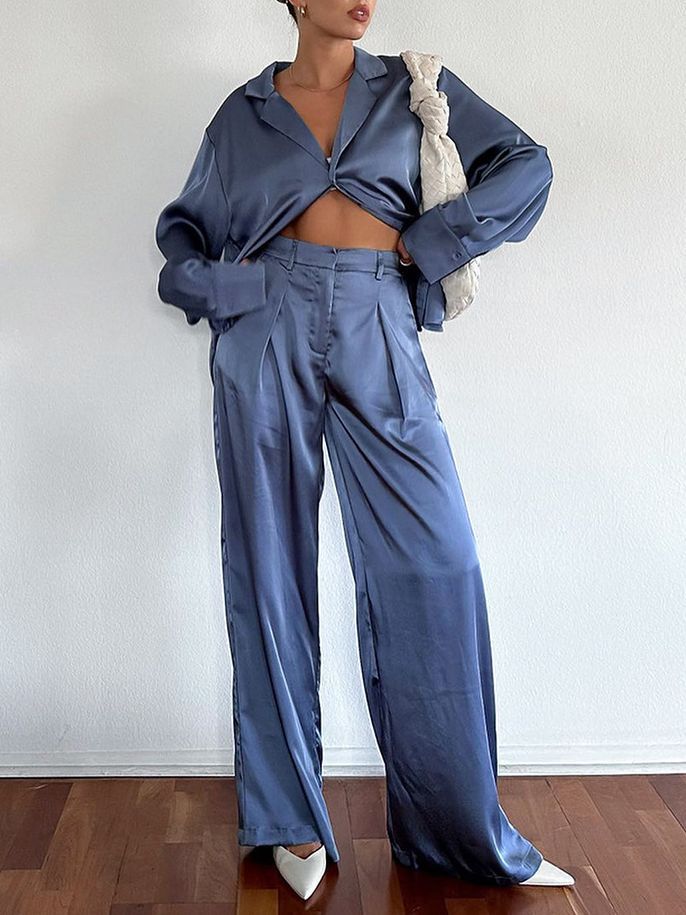 Blue Satin Long Sleeve Shirt High Waist Wide Leg Pants Two-Piece Set