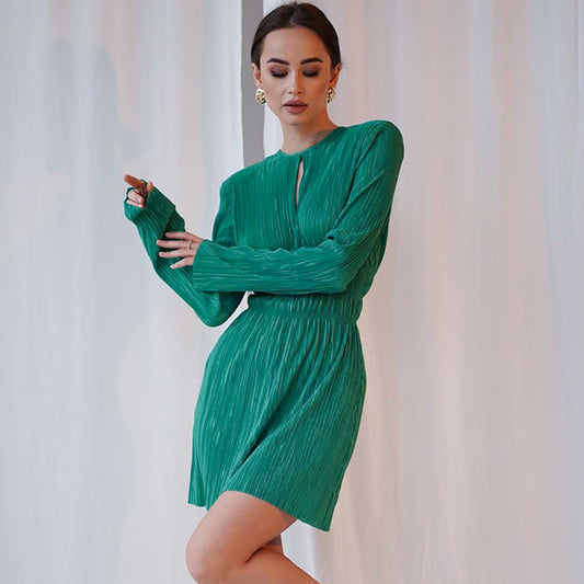 Green Pleated Dress round Neck Long SleeveALine skirt