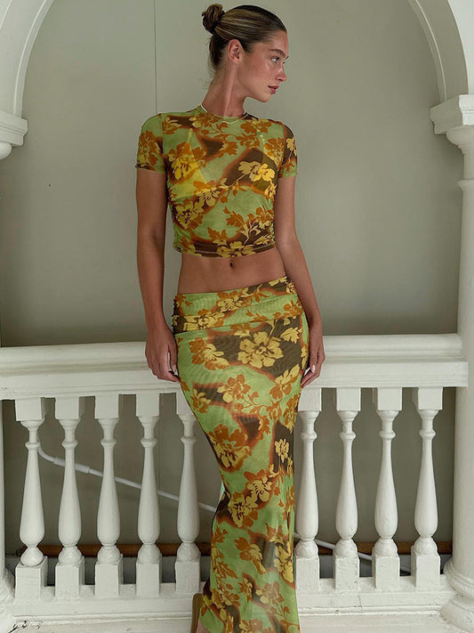 Flower Printed MeshTT-shirt Sheath Dress Suit