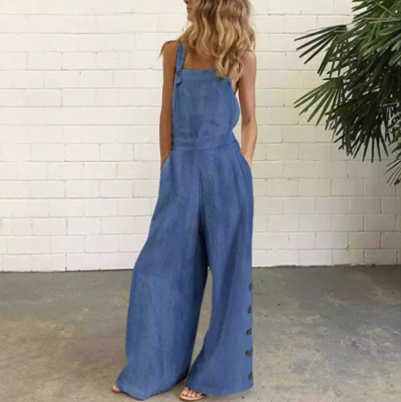 Sleeveless Side Pocket Casual Wide Leg Side Buckle Jumpsuit