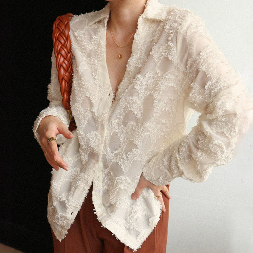 White Embossed Jacquard Boyfriend Style Loose Shirt