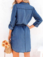 Lapel Long Sleeve Clinch Open Chest Waist-Controlled Lace-up Denim Jumpsuit