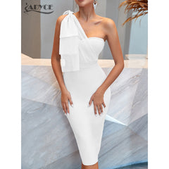 One-Shoulder Mesh Bow Bandage One-Piece Dress