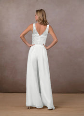 VCollar Mid-Waist Sleeveless White Chiffon Trousers Wide-Leg Pants
