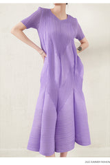 Pleated Short-Sleeved Fishtail Dress