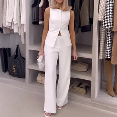 Square Collar Sleeveless Vest High Waist Straight-Leg Pants Commuting Suit