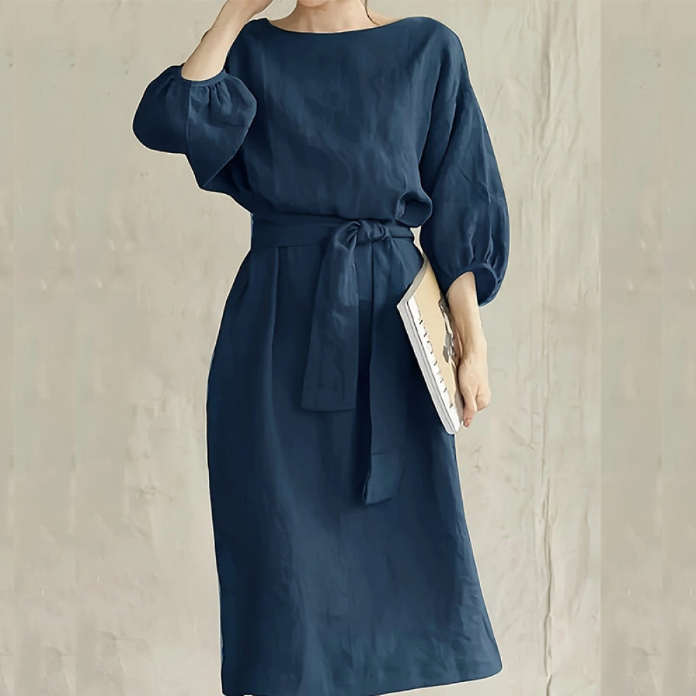 Lace-up Solid Color Half Sleeves round Neck Dress