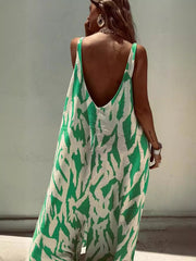 PrintingVCollar Exposed Back Large Swing Dress