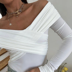 off-Shoulder Long Sleeve Cross Pleated Slim High Waist off-Shoulder Jumpsuit