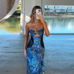 Bandeau Sexy Sheer Mesh Floral Print Slit Dress Women