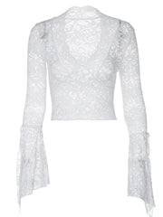 DeepVSlim Fit All-Match Short Cropped Lace Long Sleeve Lace Top