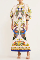 Printed Peacock 3/4 Sleeve round Neck Dress