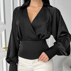 Waist Trimming Shirt Long SleeveVCollar top