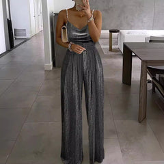 Metallic Beauty Stripe Swing Collar Jumpsuit