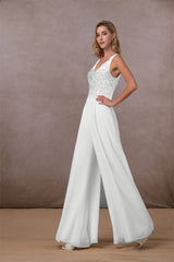 VCollar Mid-Waist Sleeveless White Chiffon Trousers Wide-Leg Pants