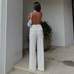 Halter Sleeveless Vest White Pleated High Waist Wide Leg Pants Suit