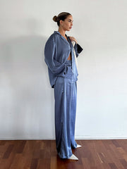 Blue Satin Long Sleeve Shirt High Waist Wide Leg Pants Two-Piece Set