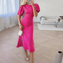 Puff Sleeve Solid Color Dress