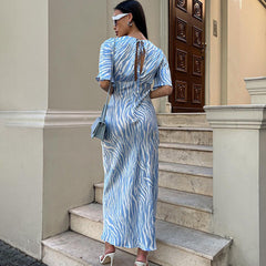 Short Sleeve Satin Draping Backless Printed Maxi Dress