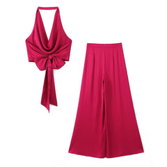 Hanging Collar Pleated Decorative Top Wide Leg Pants Texture Suit