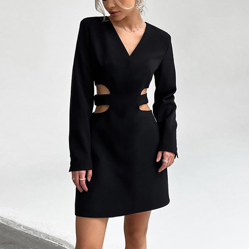 VCollar Hollow Long Sleeve DressAWord Black Dress Hepburn Style