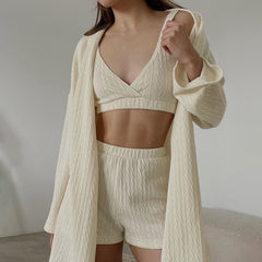 Knitted Strappy Cardigan Nightgown Three-Piece Set