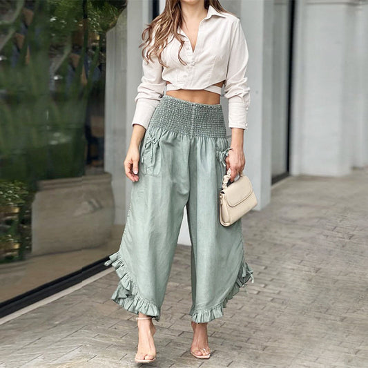 Solid ColorVCollar Long Sleeve Shirt High Waist Wide Leg Pants Two-Piece Set