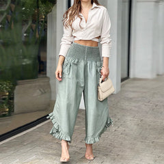 Solid ColorVCollar Long Sleeve Shirt High Waist Wide Leg Pants Two-Piece Set